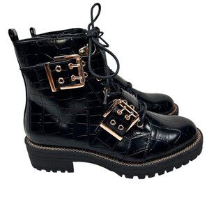 ASOS Design Aubrey Hiker Lace Up Croc Embossed Boots Buckle Vegan Leather